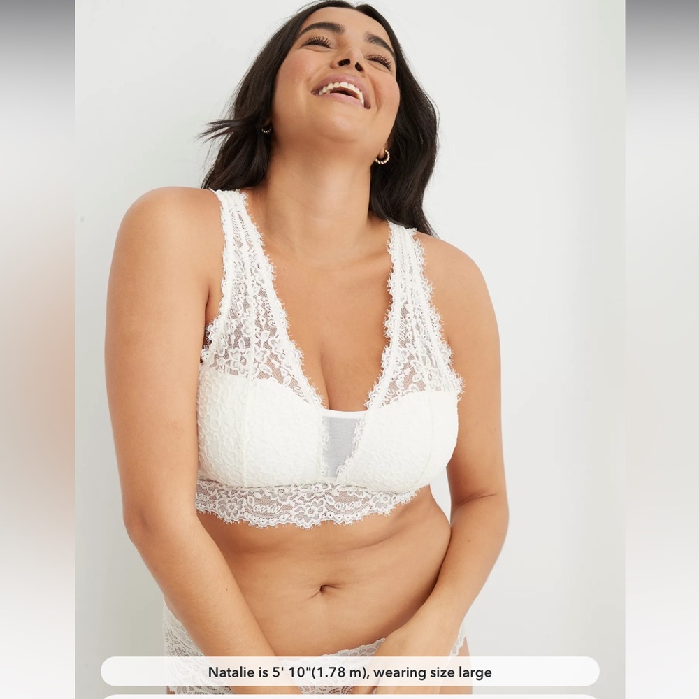 Aerie Eyelash Lace Padded Plunge Bralette M Soft Muslin White